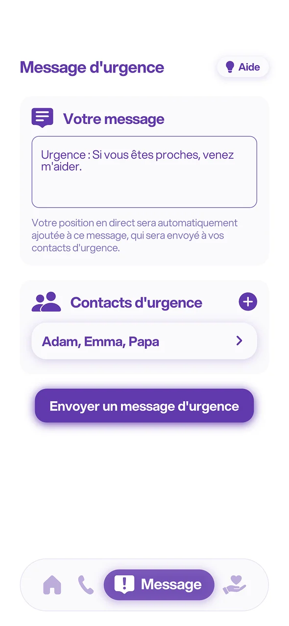 Écran « Message d'urgence » de l'app : votre message et vos contacts d'urgence