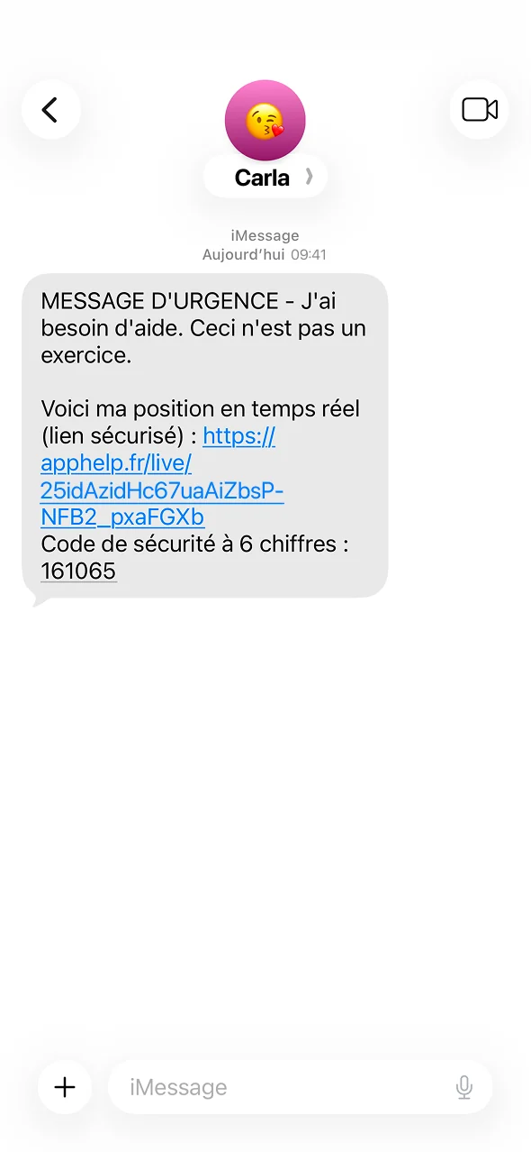 SMS d'urgence reçu avec le lien de suivi et le code à 6 chiffres